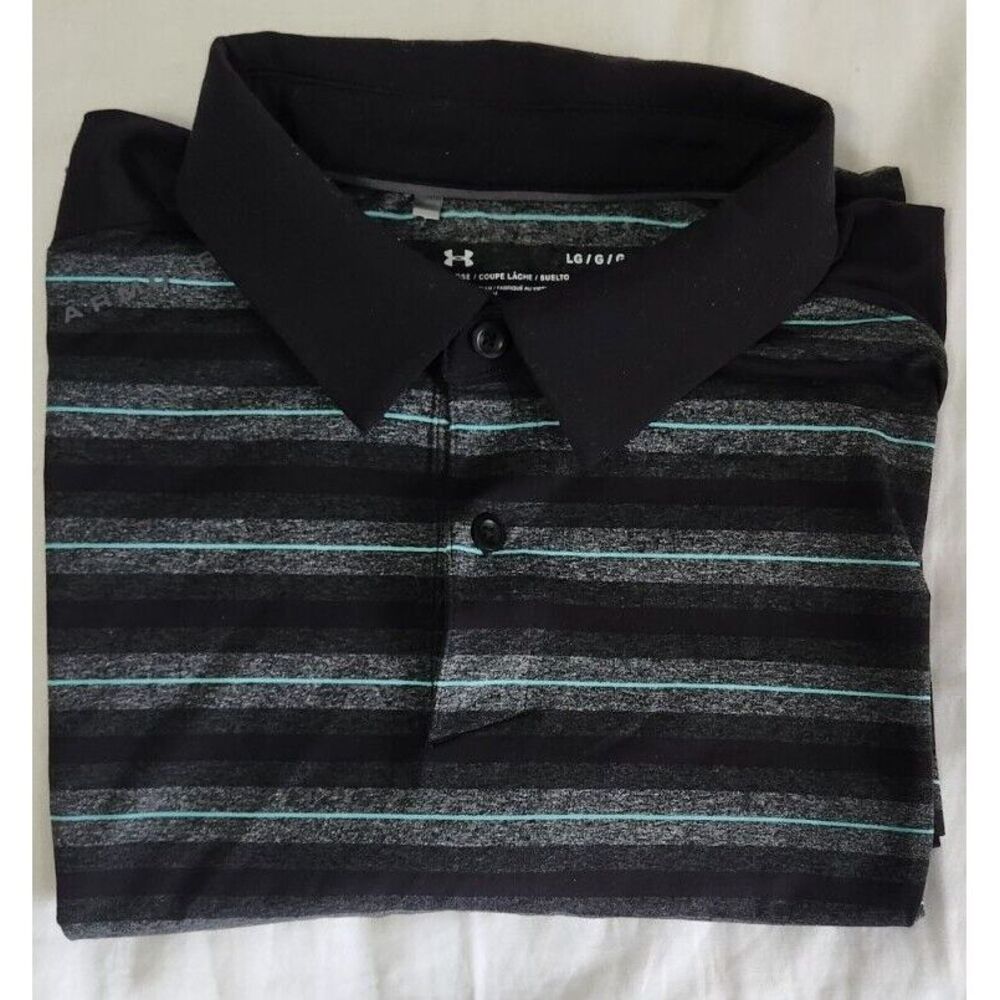 Under Armour Shirt Mens L Black Gray Loose Fit Short Sleeve Polo Golf Heat Gear - Picture 7 of 7
